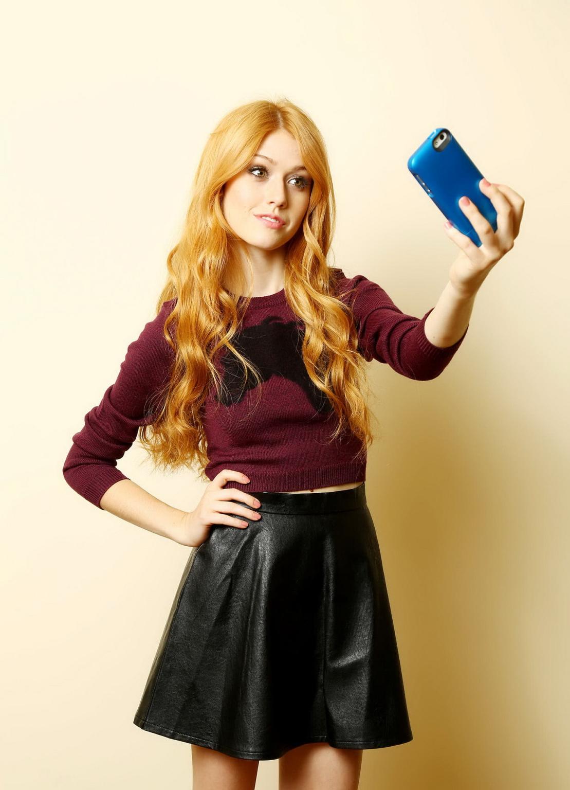 11P Katherine McNamara leggy wearing black leather mini skirt and blouse at Sara Jay