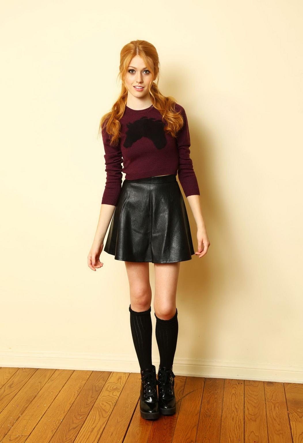 11P Katherine McNamara leggy wearing black leather mini skirt and blouse at Sara Jay