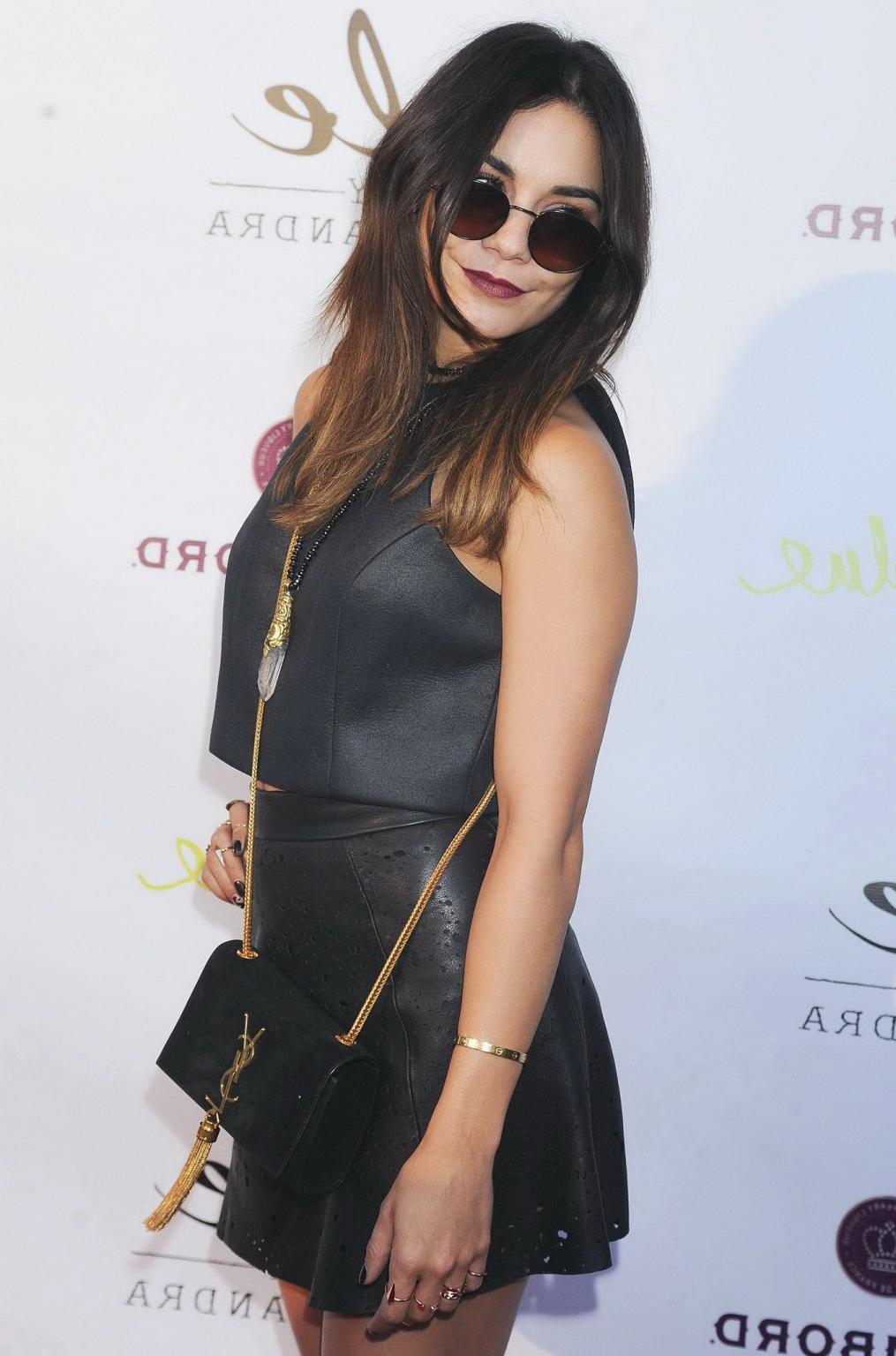 16P Vanessa Hudgens wearing tiny black leather outfit at Ale by Alessandra Collectio