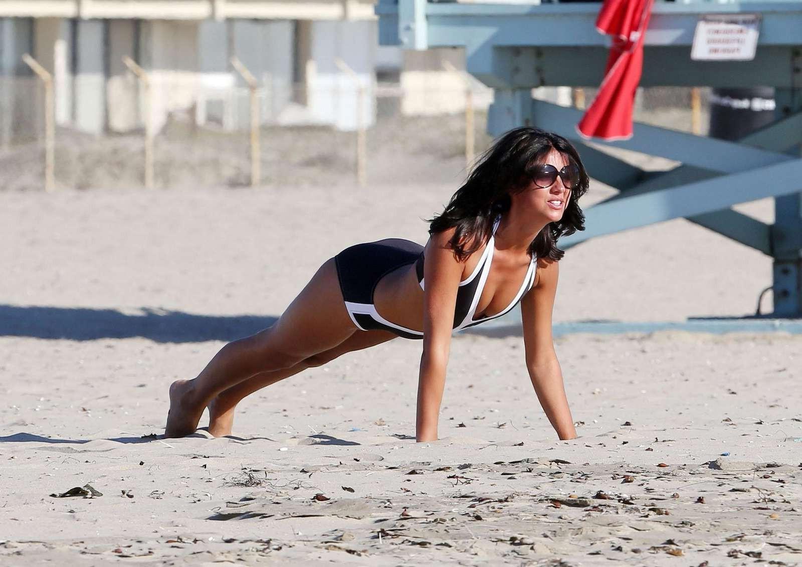 16P Lucy Mecklenburgh in sexy monokini working out on Santa Monica Beach