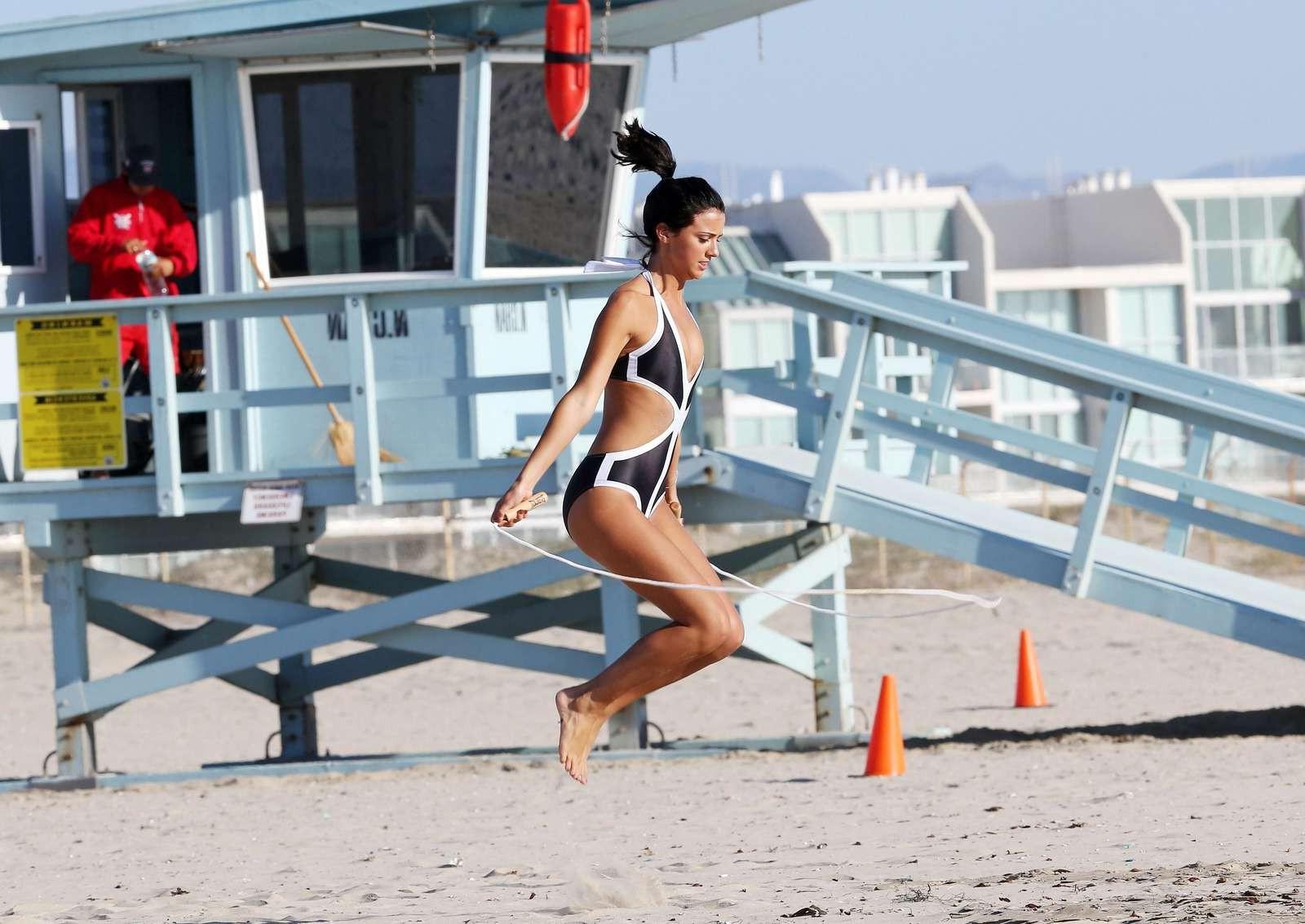 16P Lucy Mecklenburgh in sexy monokini working out on Santa Monica Beach