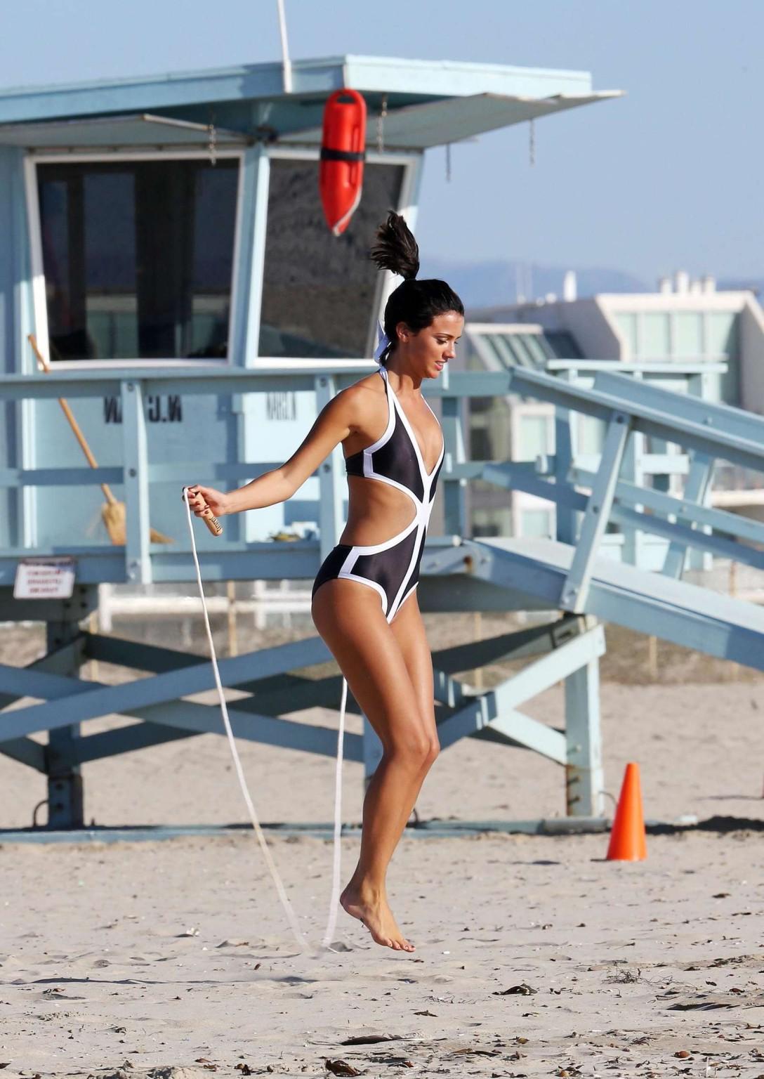 16P Lucy Mecklenburgh in sexy monokini working out on Santa Monica Beach