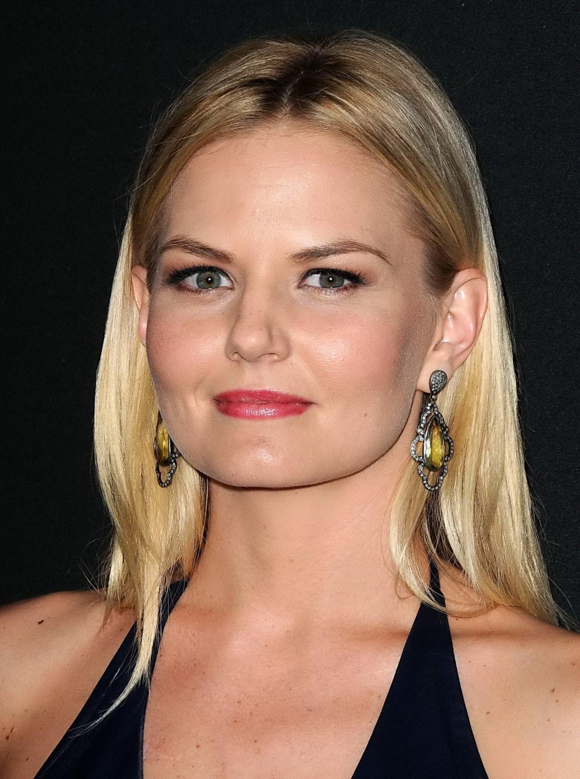 16P Jennifer Morrison braless wearing black leather mini dress at the Myspace Launch