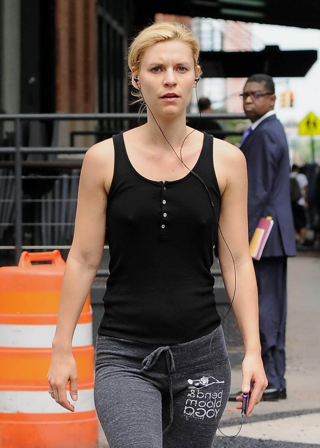 10P Claire Danes shows hard pokies braless wearing skimpy top  leggings after a yoga
