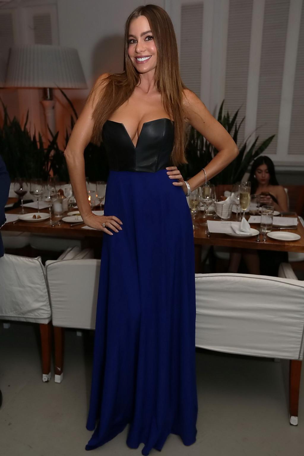 10P Sofia Vergara busting out in tiny leather strapless top at Delano South Beach Ri