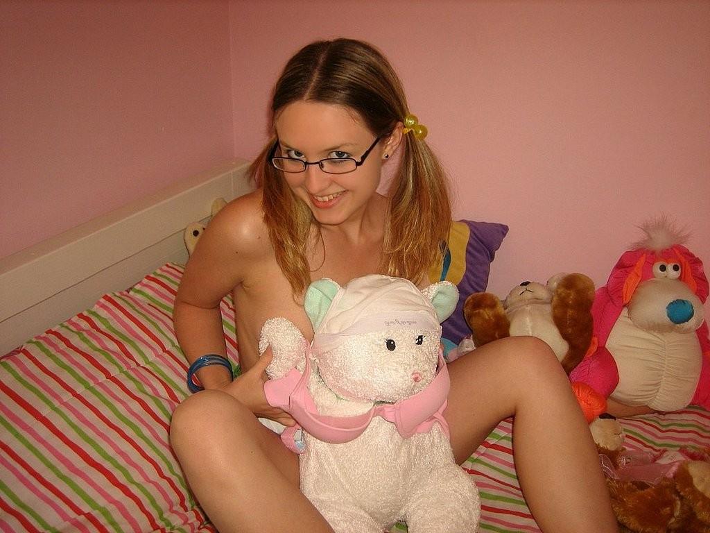 15P Nerdy blonde girl next door likes a huge rubber dildo