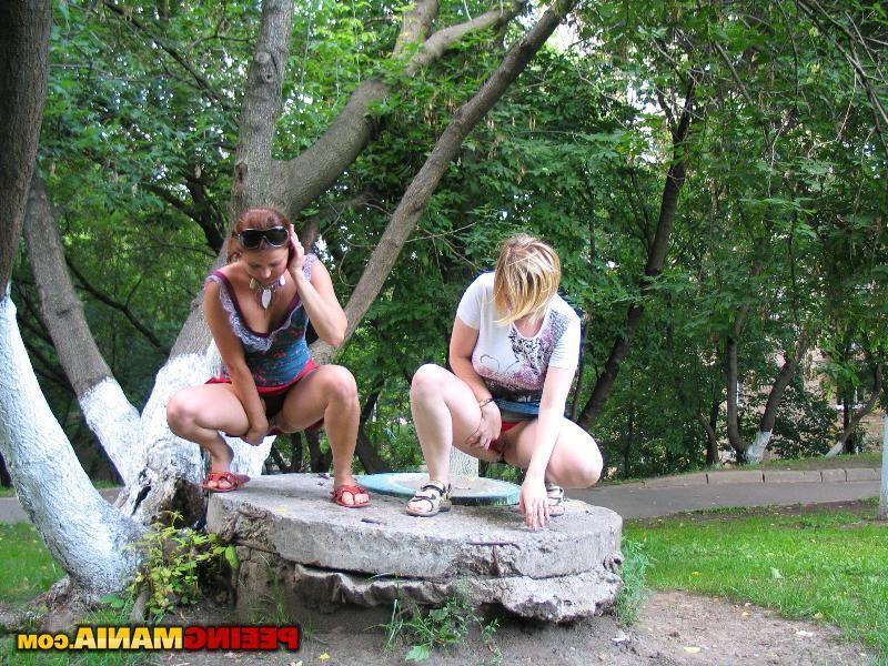 15P Group public pissing fun of two bold teasers with moved aside panties