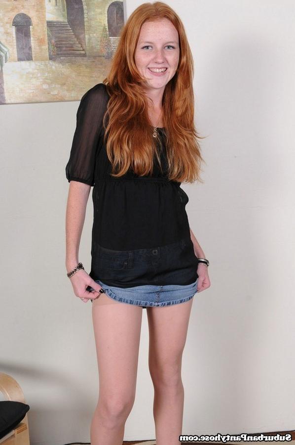 15P Young readhead teen strips down to her STW pantyhose
