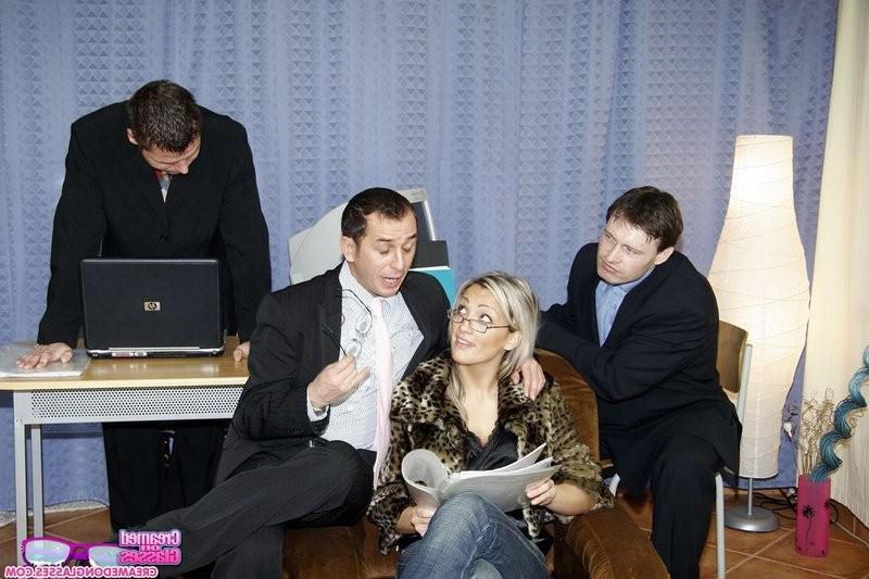 14P Three office guys working in a new secretary babe orally