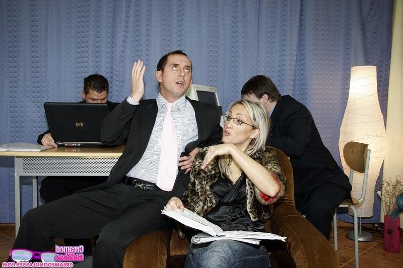 14P Three office guys working in a new secretary babe orally