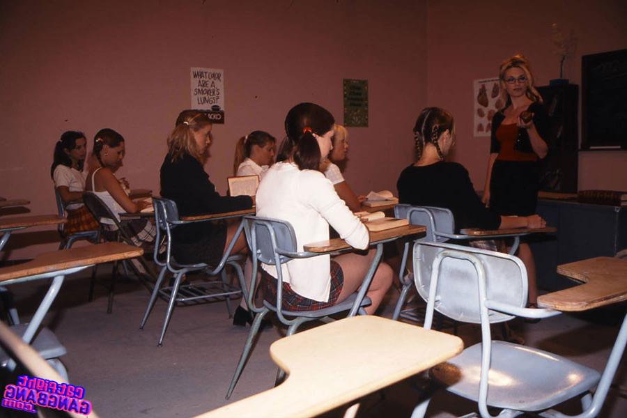16P Horny young wild lesbian in group sex action in school
