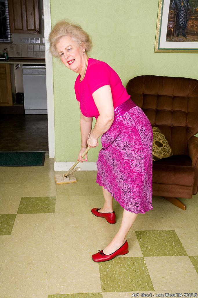 16P granny plus sized woman mopping floors and then with hairy pussy