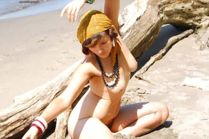 15P Cute Hairy Brunette Nudist MILF Bares Bush Outdoors on Beach
