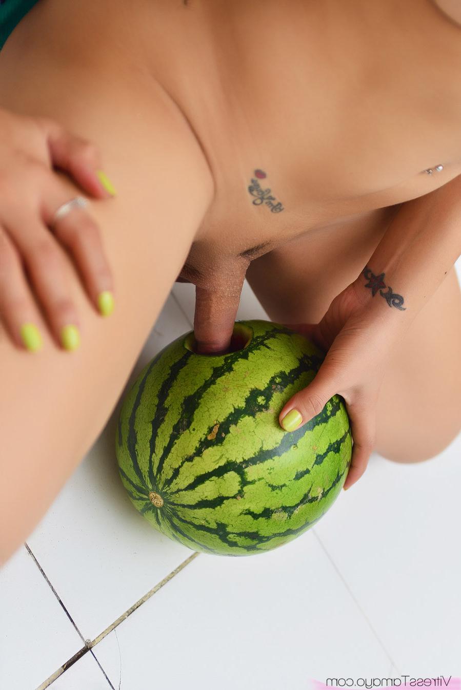 14P Petite Asian shemale with Big Tits fucking a watermelon