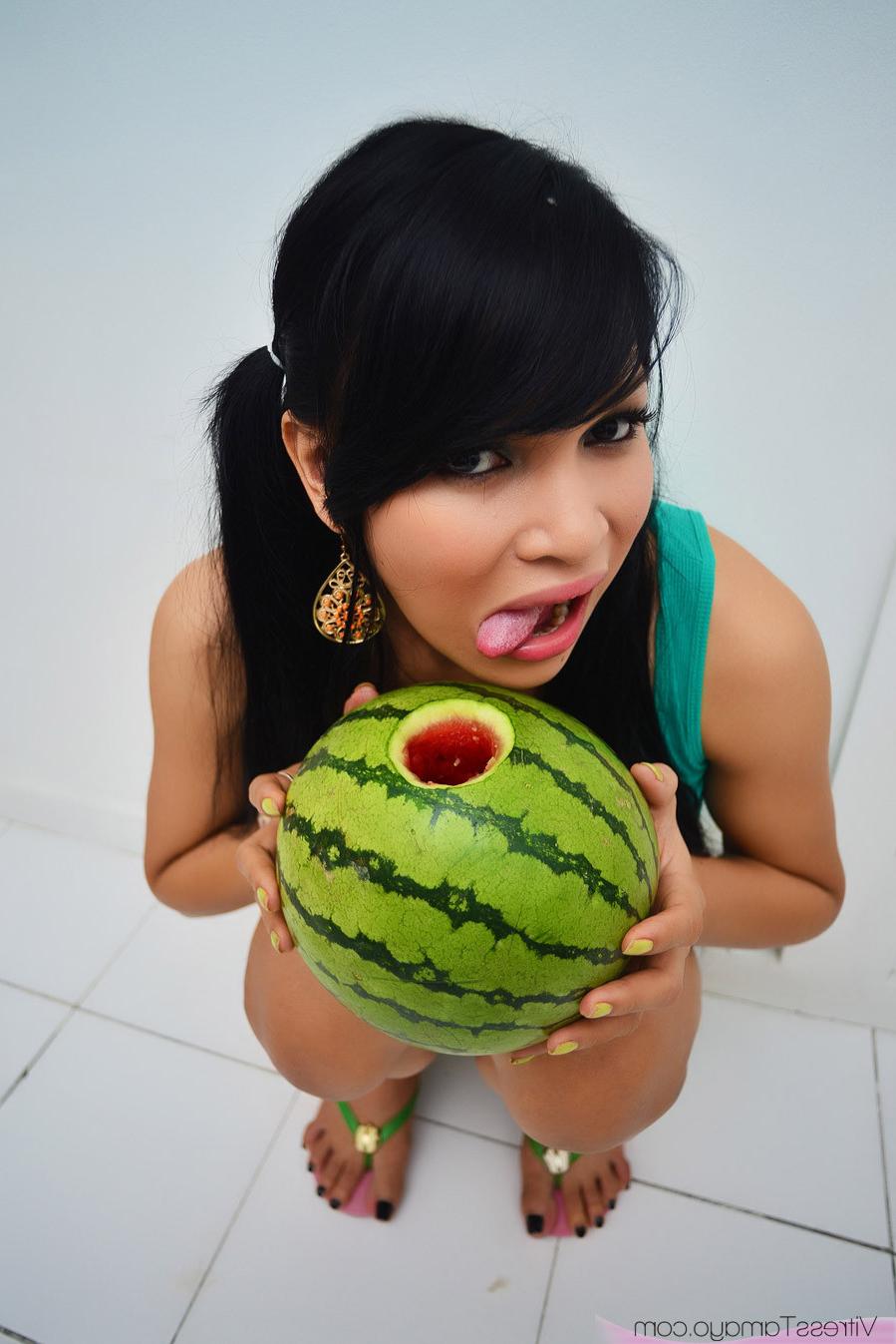 14P Petite Asian shemale with Big Tits fucking a watermelon