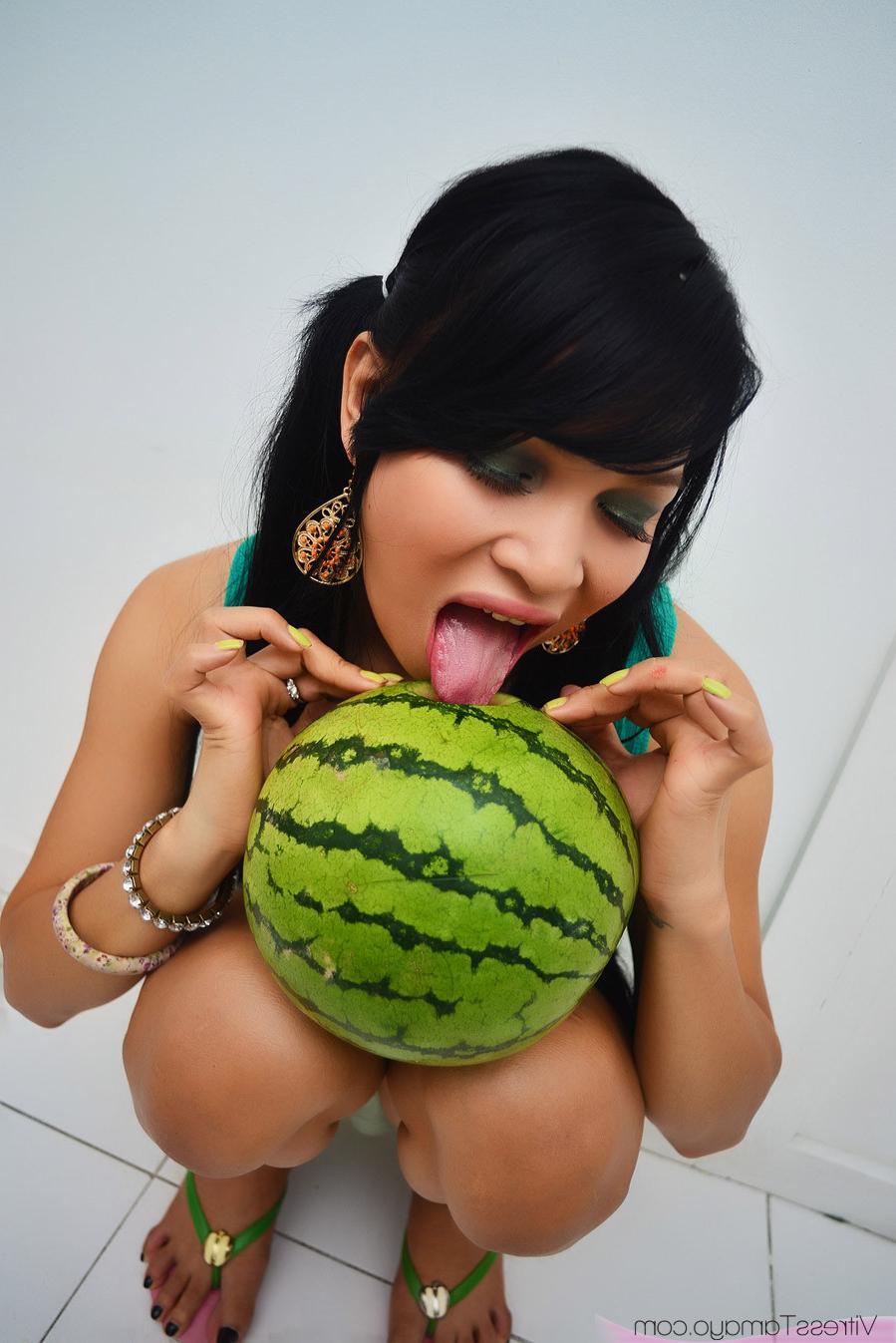 14P Petite Asian shemale with Big Tits fucking a watermelon