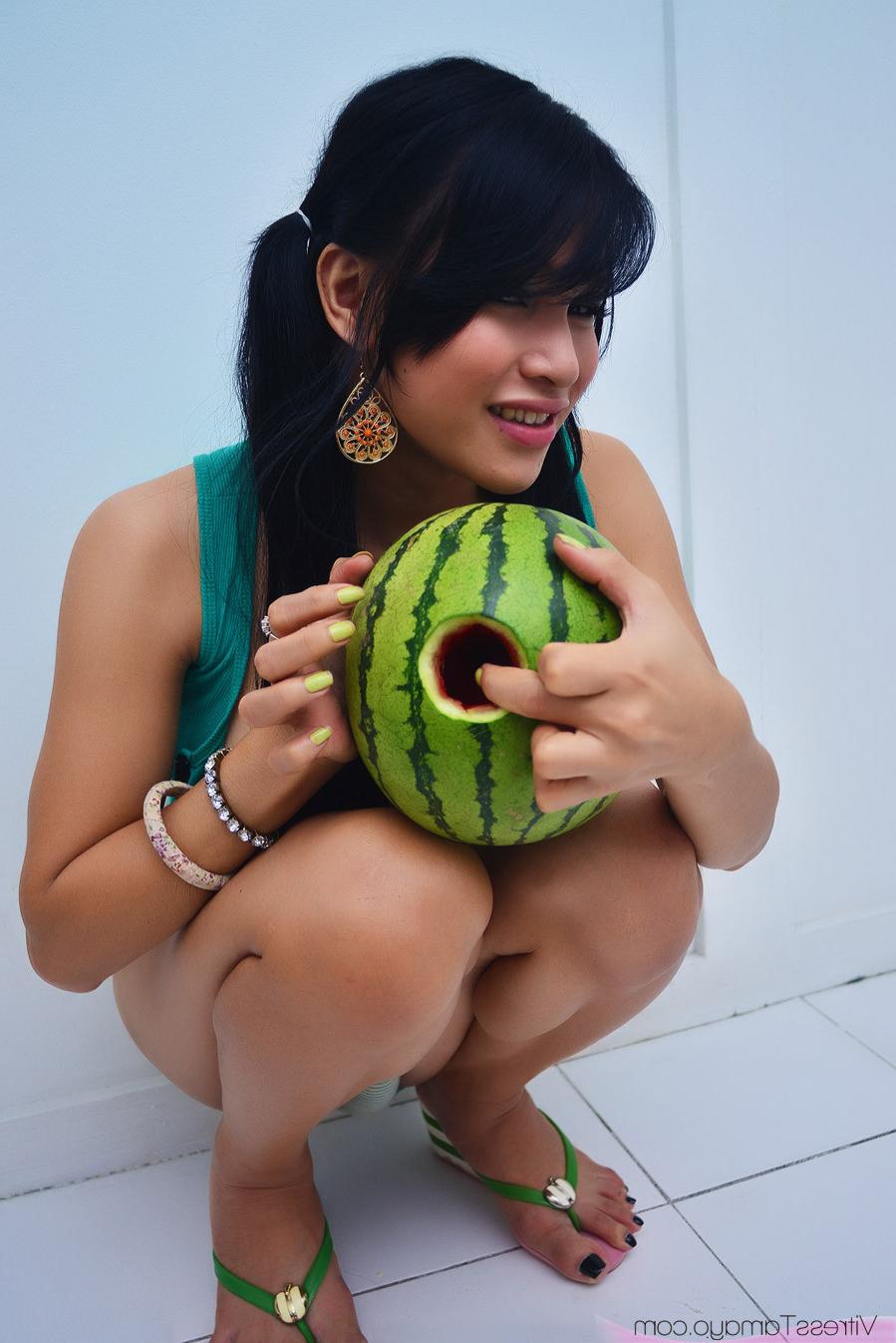 14P Petite Asian shemale with Big Tits fucking a watermelon