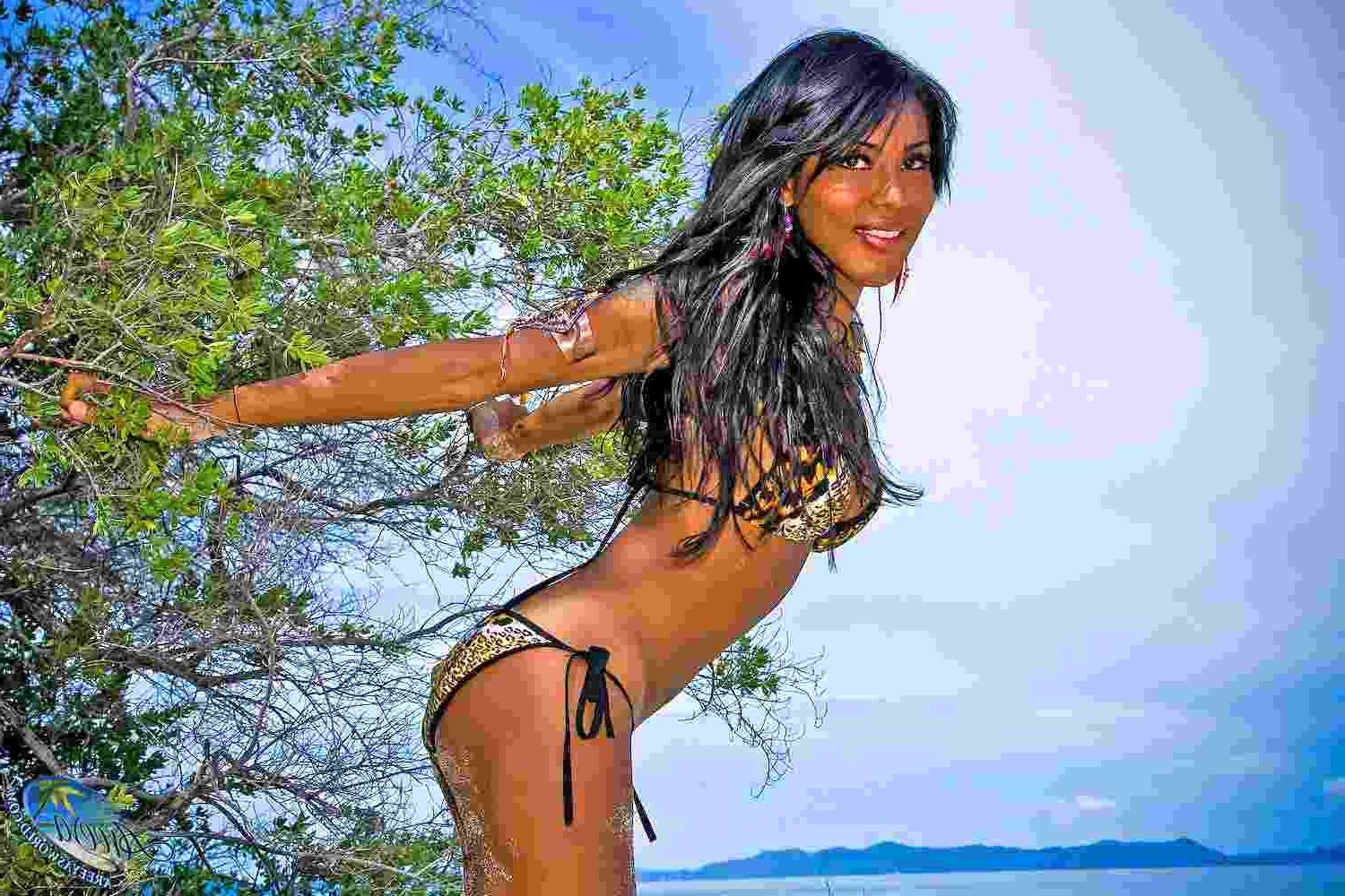 16P Gorgeous shemale in a bikini at the beach