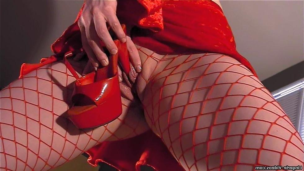 16P Babe with long legs in red fishnets
