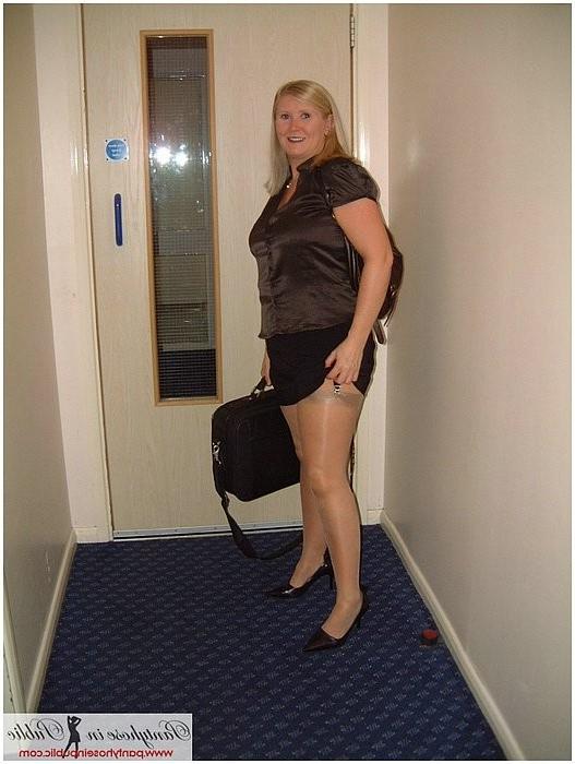 15P Inside and outside at the hotel flashing silk tan stockings