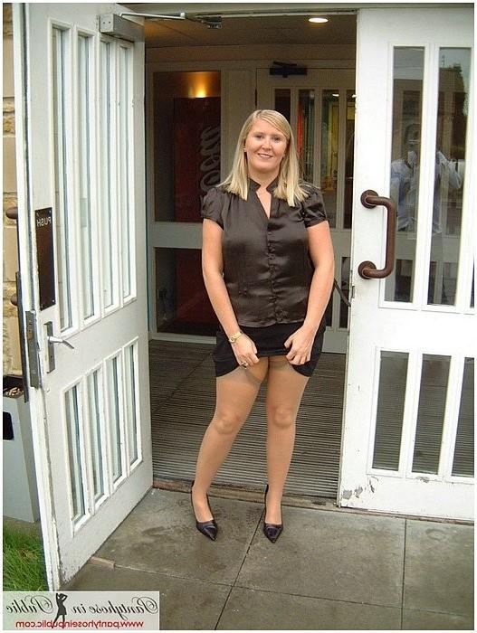 15P Inside and outside at the hotel flashing silk tan stockings