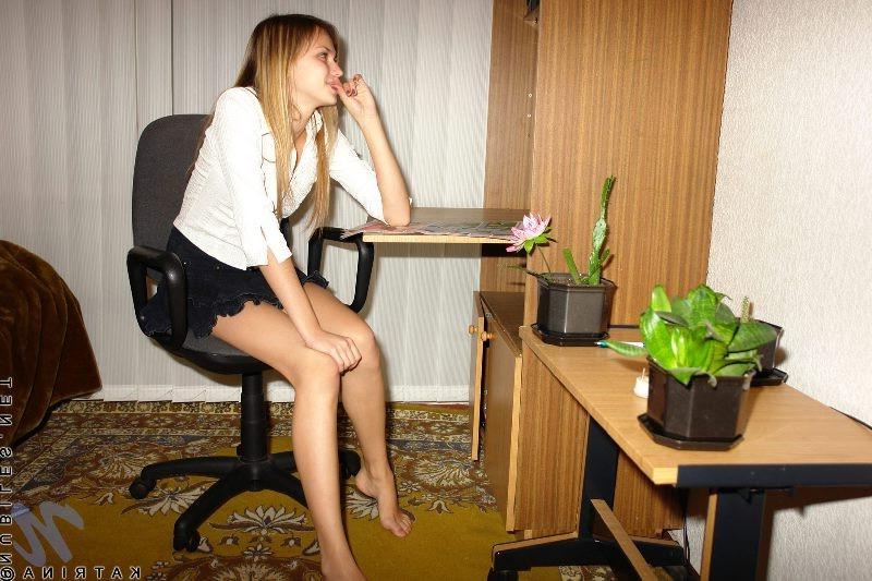 18P Petite hot teenie with tiny body and shaved pussy in office