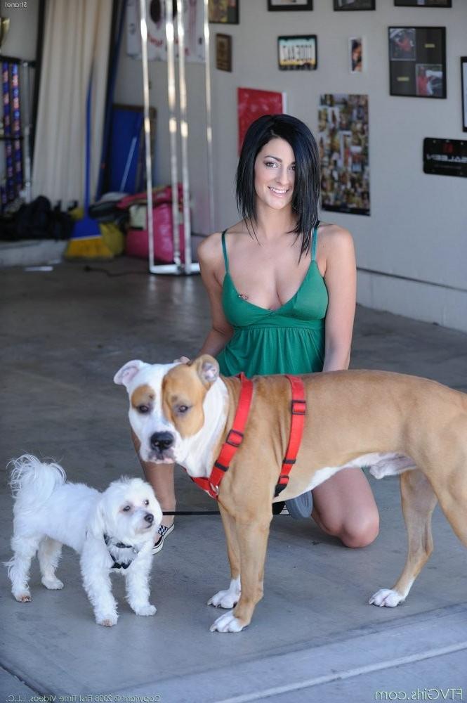 12P Kinky brunette dog walker flash her huge pierced boobs and panty