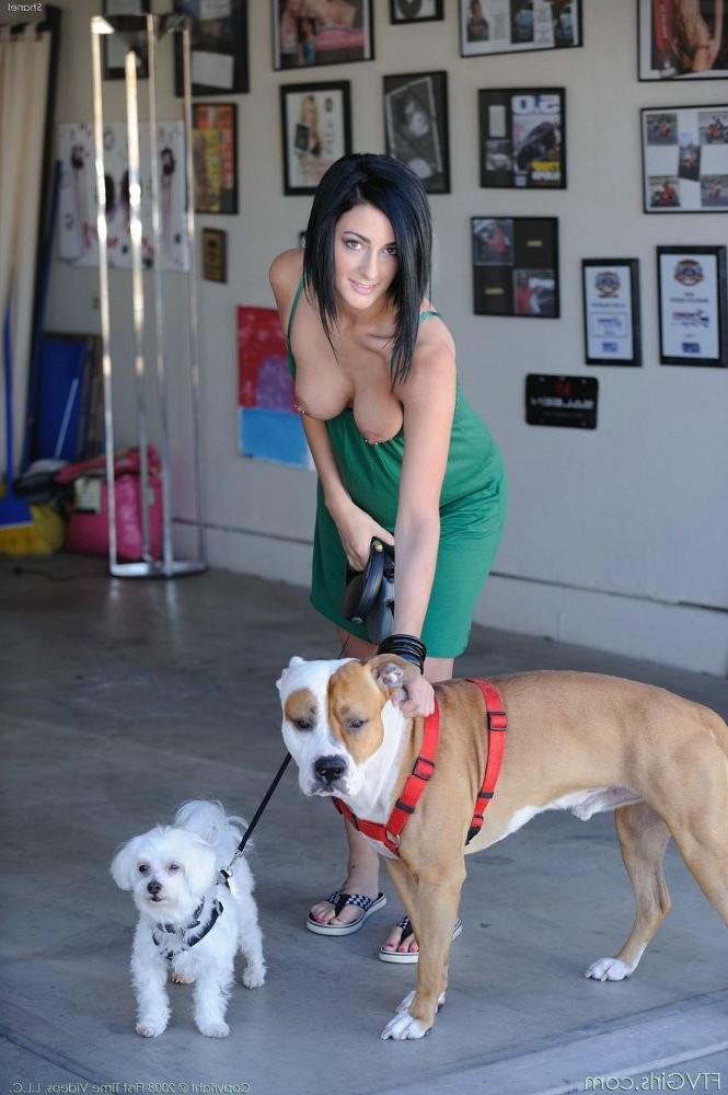 12P Kinky brunette dog walker flash her huge pierced boobs and panty