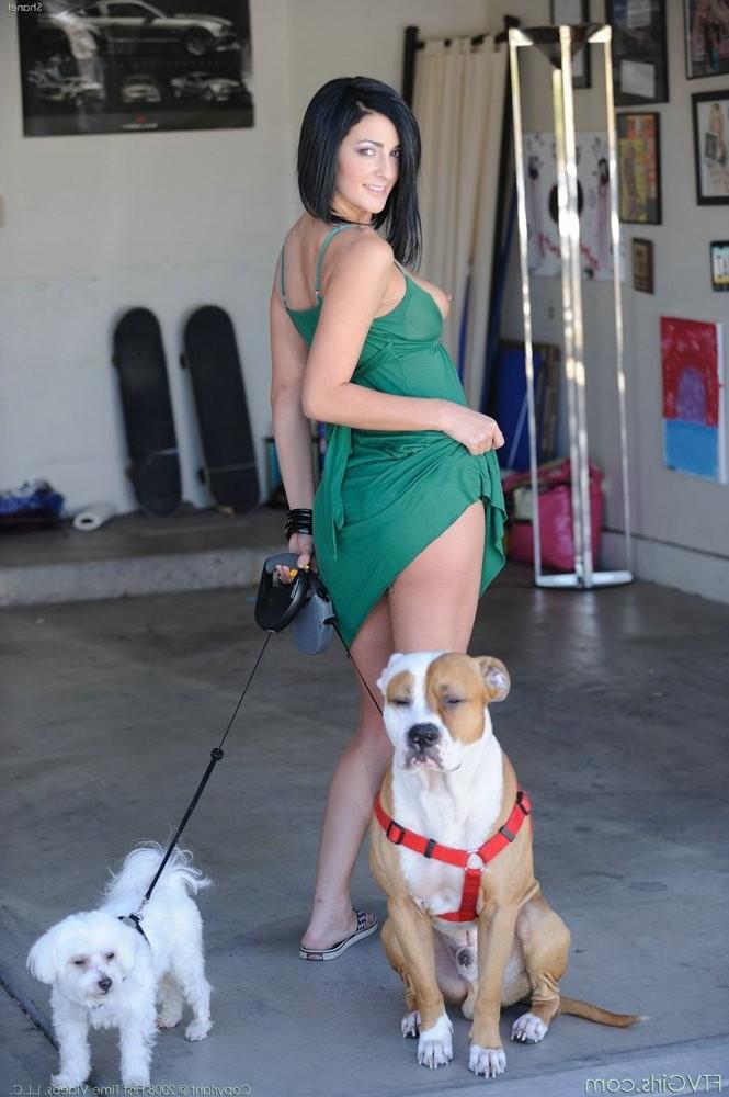 12P Kinky brunette dog walker flash her huge pierced boobs and panty