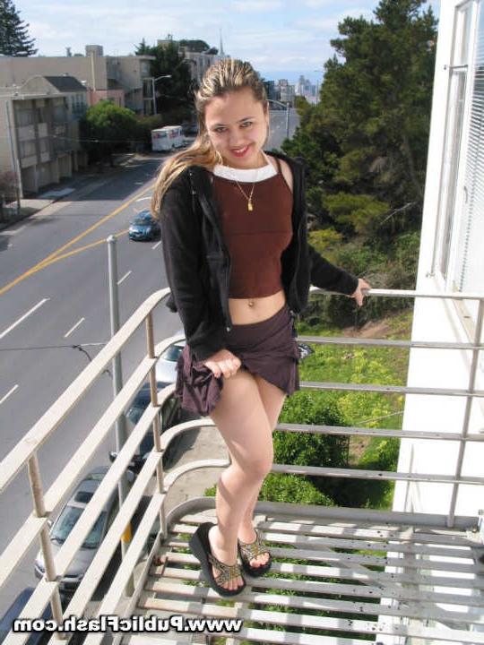 16P Shy Lil Bare Pussy Upskirts Flasher On Fire Escape Above Street