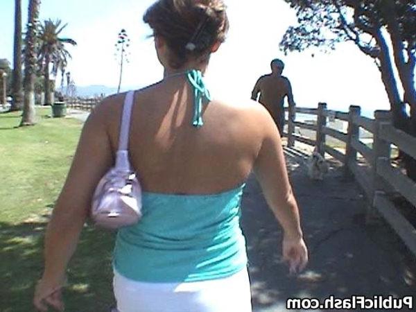 16P Pretty Park Flasher Bares Cute Tits and Bald Pussy