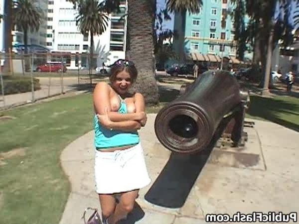 16P Pretty Park Flasher Bares Cute Tits and Bald Pussy
