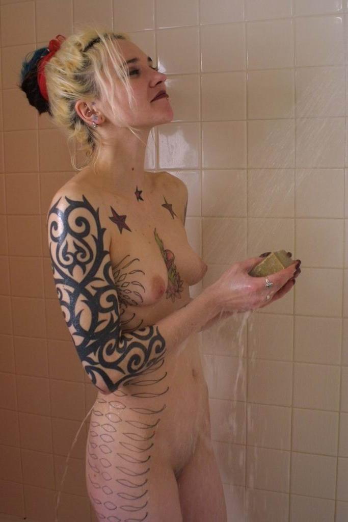 15P Tatooed blonde teen showering