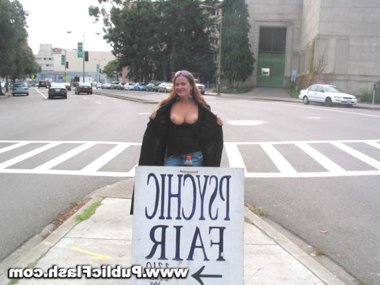 16P Busty Flasher Bares Big Tits and Bald Pussy On Down Town Streets