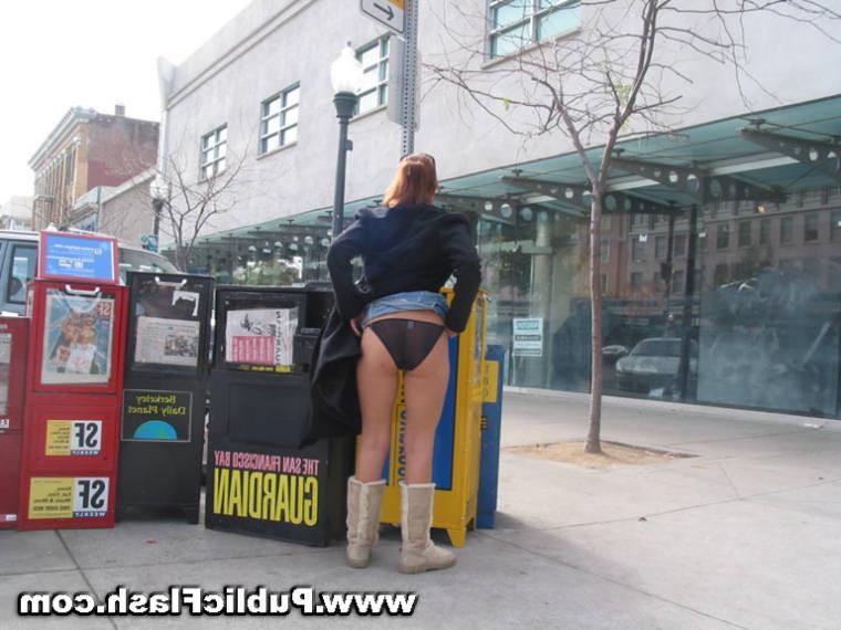 16P Busty Flasher Bares Big Tits and Bald Pussy On Down Town Streets
