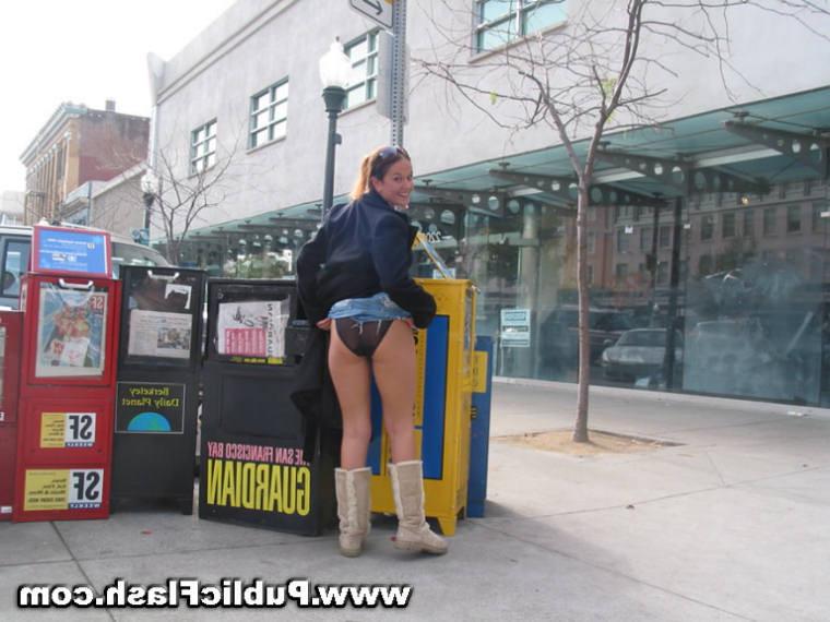 16P Busty Flasher Bares Big Tits and Bald Pussy On Down Town Streets
