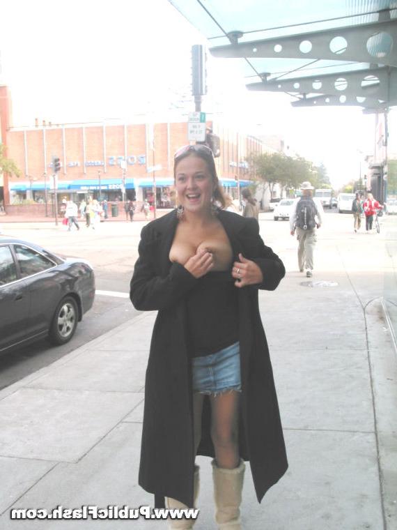 16P Busty Flasher Bares Big Tits and Bald Pussy On Down Town Streets