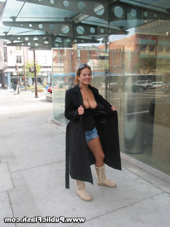 16P Busty Flasher Bares Big Tits and Bald Pussy On Down Town Streets
