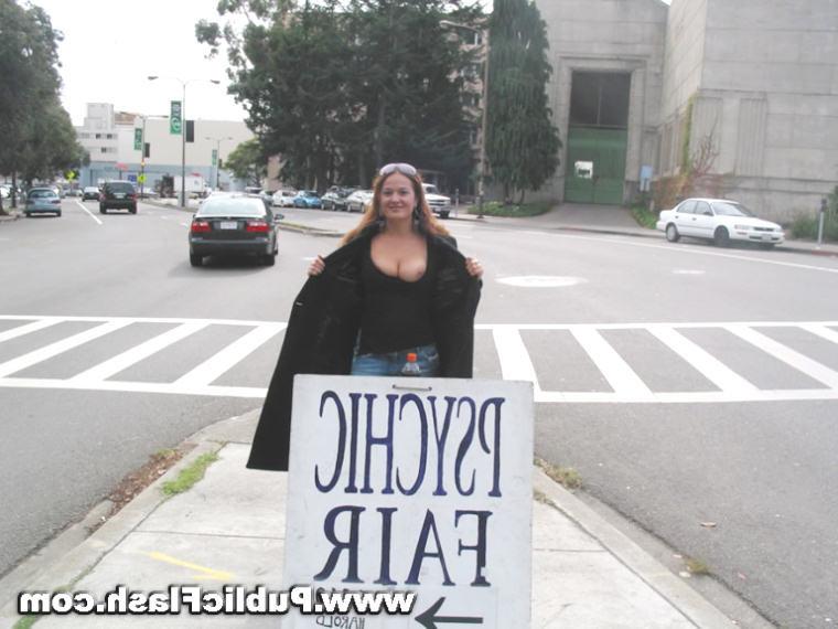 16P Busty Flasher Bares Big Tits and Bald Pussy On Down Town Streets