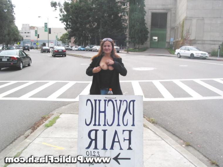 16P Busty Flasher Bares Big Tits and Bald Pussy On Down Town Streets