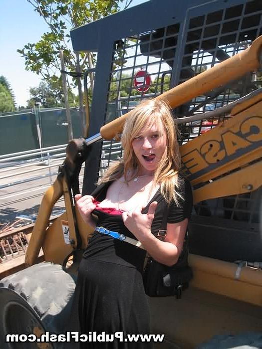 16P Naughty Blonde Flasher Strips Naked for Crew on Busy Work Site