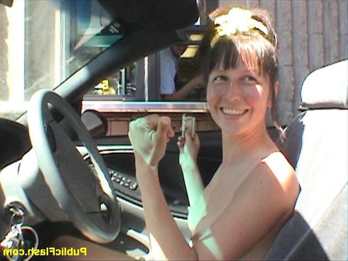 16P Busty Flasher Bares Tits and Pussy at Drive Thru Window
