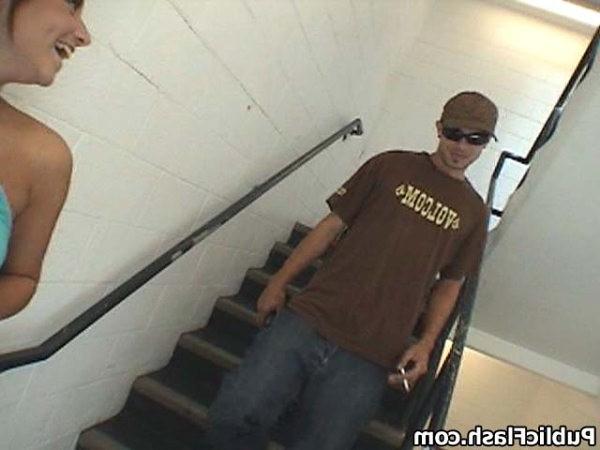 16P Pussy Flasher Teasing Guys on the Parkade Stairs