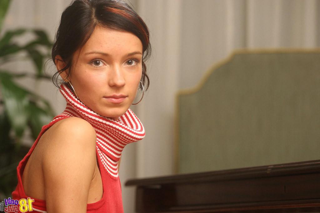 15P Beautiful young brunette coed stripping