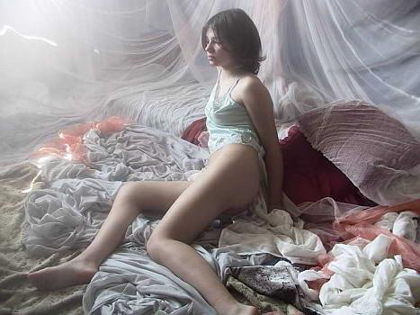 23P Brunette nightie strip bush spread