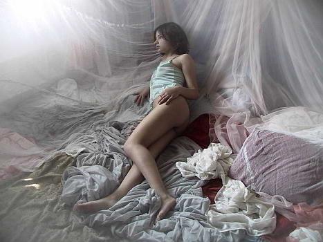 23P Brunette nightie strip bush spread