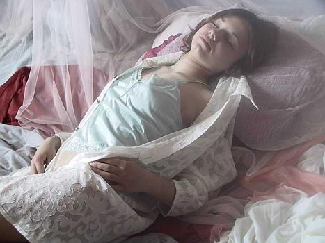 23P Brunette nightie strip bush spread