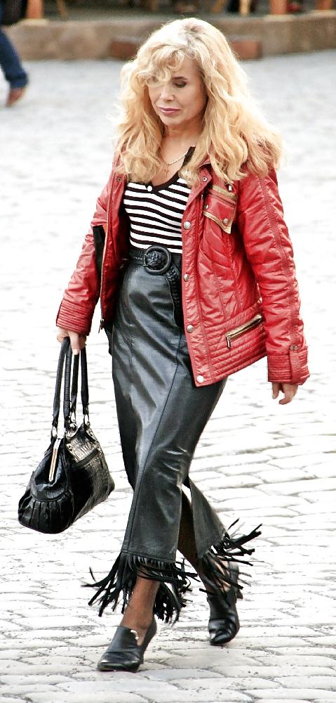 24P Leather skirts on the street