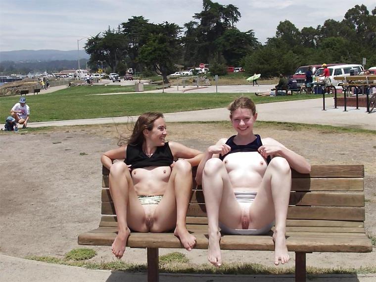 25P Sluts upskirt and nude on benches 4