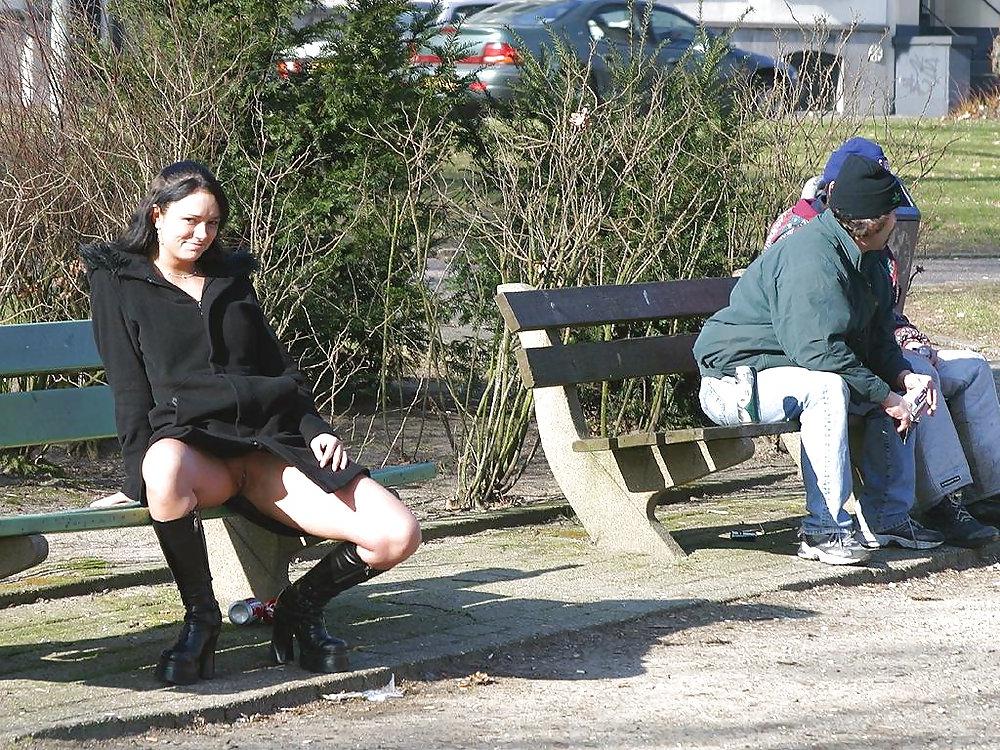 25P Sluts upskirt and nude on benches 7